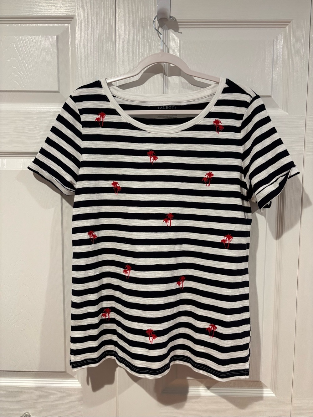 Talbots Blue and White Striped Tee with Red Palm Embroidery